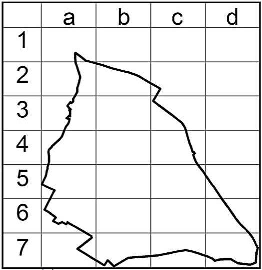 Arkusze planu - grafika prostokątna w formie siatki: 4 kolumny (a, b, c, d) i 7 wierszy (od 1 do 7), łącznie 28 obszarów (arkuszy) - nałożona na obrys mapy miasta, aby pokazać jak poszczególne arkusze obejmują kolejne obszary mapy miasta.
